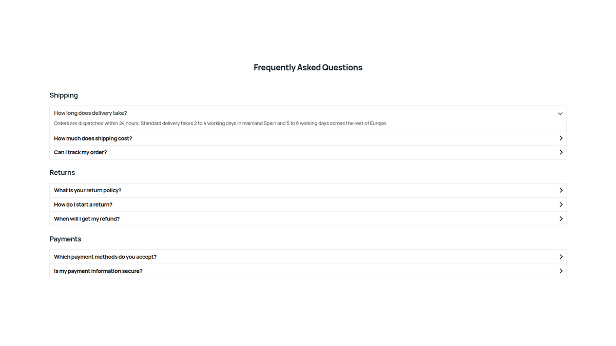 Preguntas frecuentes (FAQ) en la ficha de producto de Shopify, con las preguntas propias de cada producto