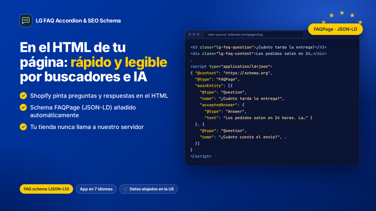 Preguntas, respuestas y schema FAQPage (JSON-LD) en el HTML de la página de Shopify, legibles por buscadores e IA