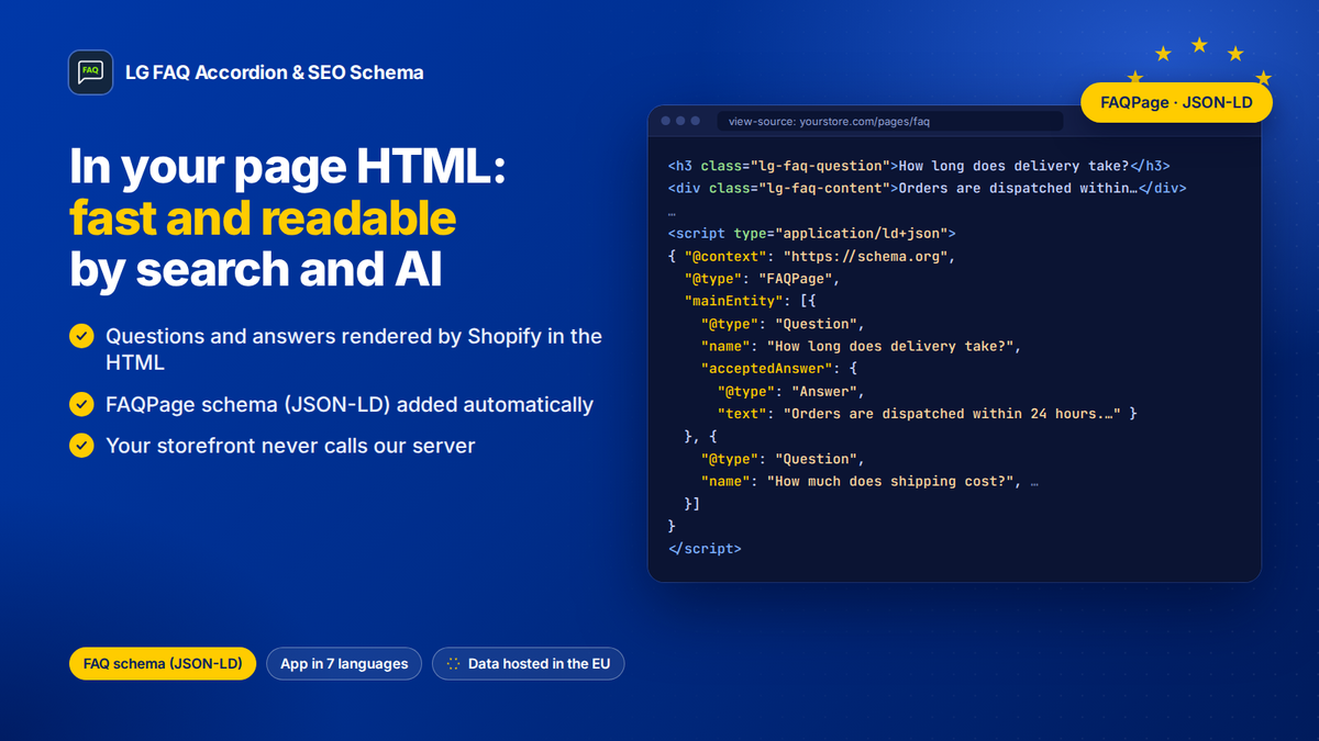 Perguntas, respostas e schema FAQPage (JSON-LD) no HTML da página Shopify, legíveis por motores de pesquisa e IA