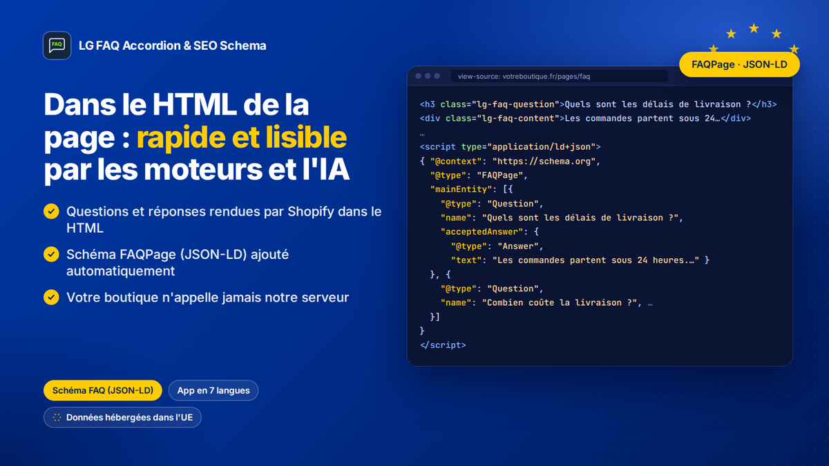 Questions, réponses et schéma FAQPage (JSON-LD) dans le HTML de la page Shopify, lisibles par les moteurs et l'IA