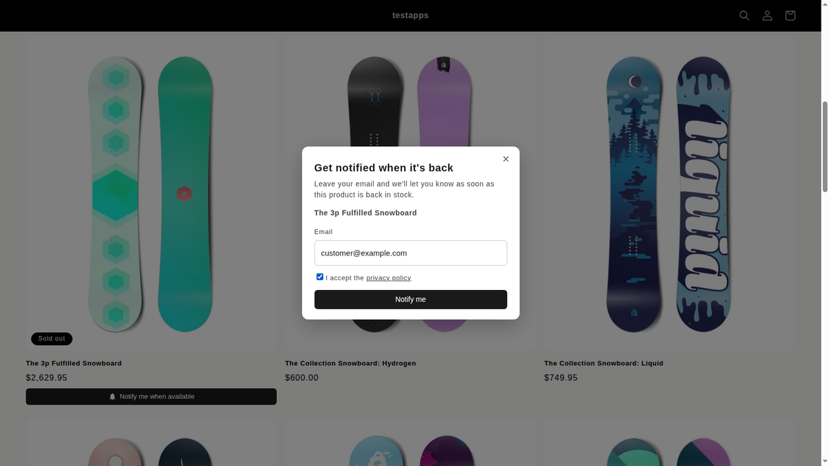 Formulaire de retour en stock sur Shopify : le client laisse son e-mail pour être averti du retour du produit