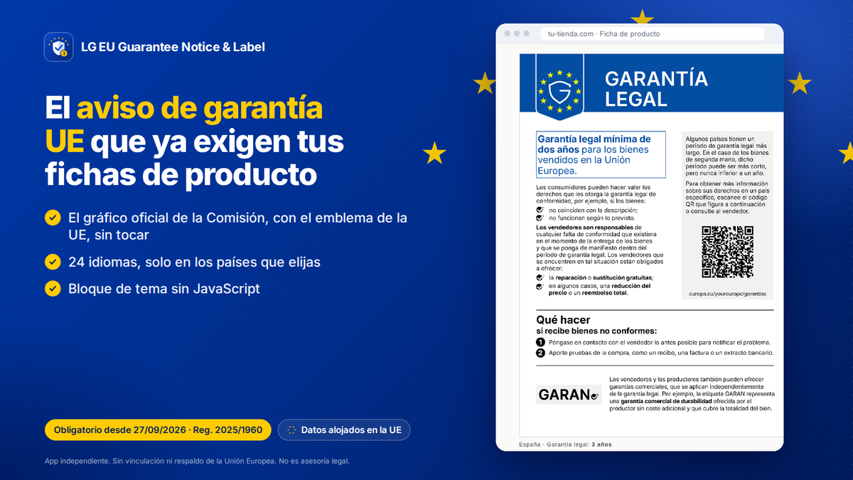 App Shopify de garantía legal UE: aviso de garantía UE en la ficha de producto, gráfico oficial