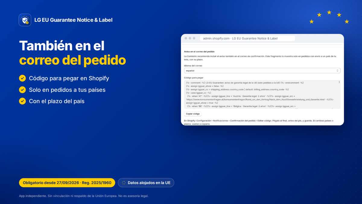App Shopify de garantía legal UE: fragmento para el correo del pedido con el plazo del país