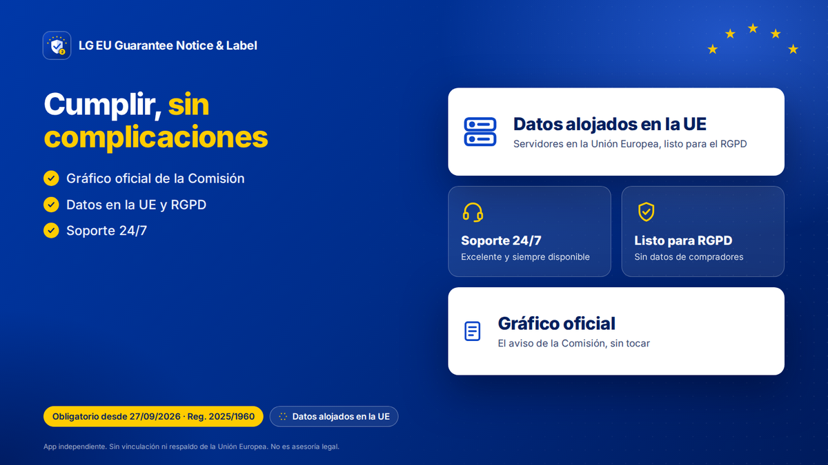 App Shopify de garantía legal UE: datos alojados en la UE, soporte 24/7 y RGPD