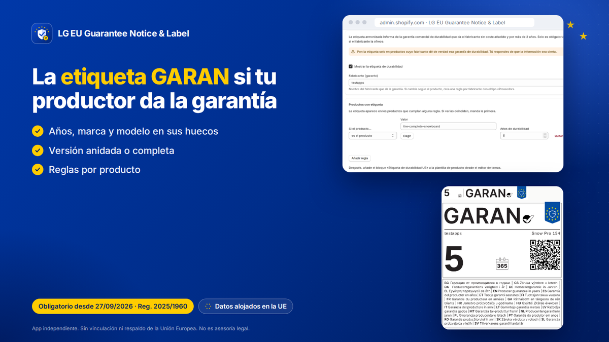 App Shopify de garantía legal UE: etiqueta GARAN de durabilidad con años, marca y modelo
