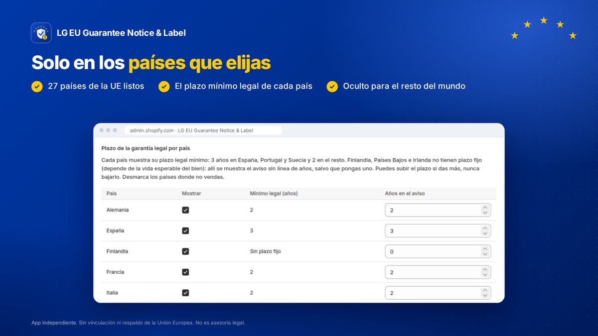 App Shopify de garantía legal UE: plazo de garantía legal por país y mercados elegidos