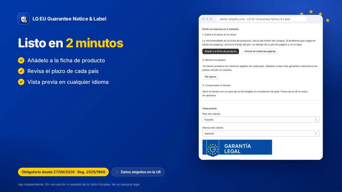 App Shopify de garantía legal UE: pasos de puesta en marcha y vista previa del aviso