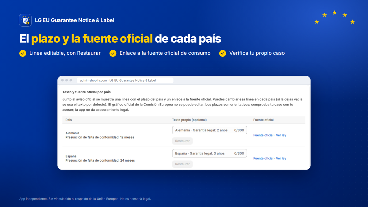 App Shopify de garantía legal UE: texto editable por país y enlace a la fuente oficial