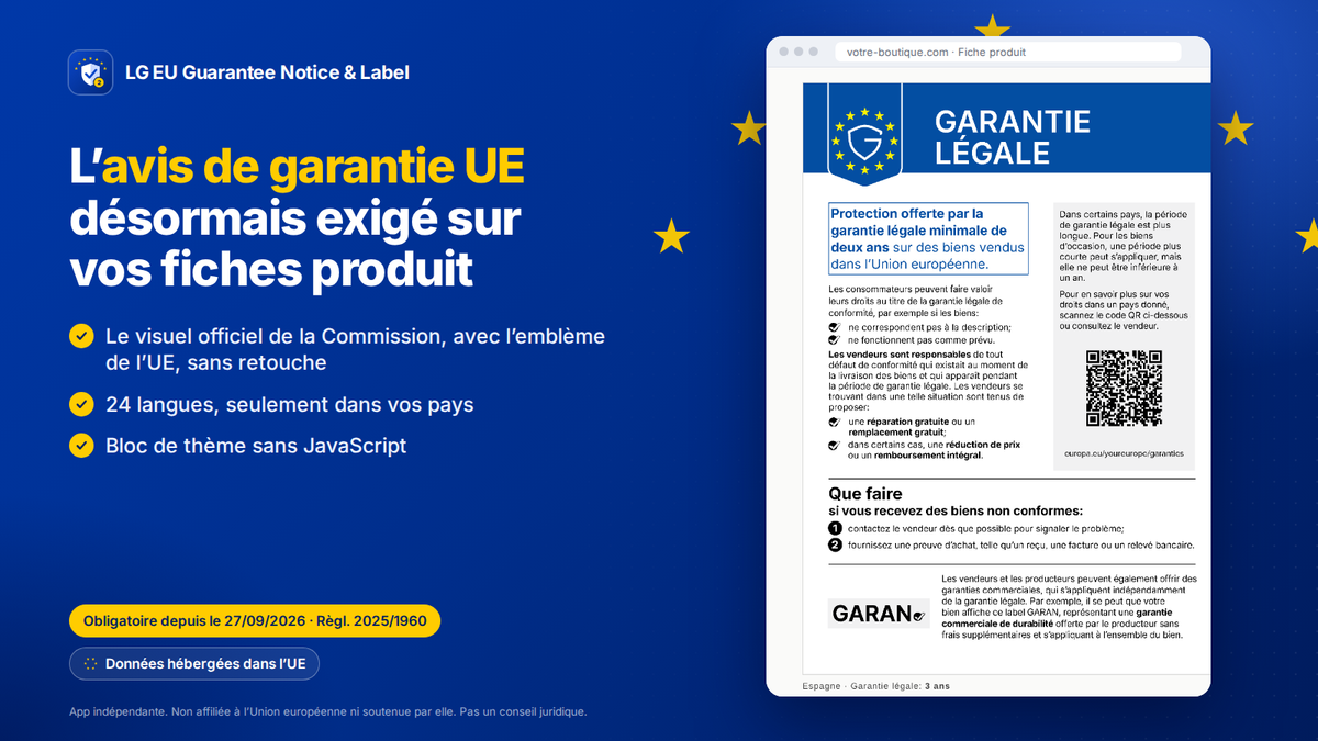 App Shopify garantie légale UE : avis de garantie UE sur la fiche produit, visuel officiel