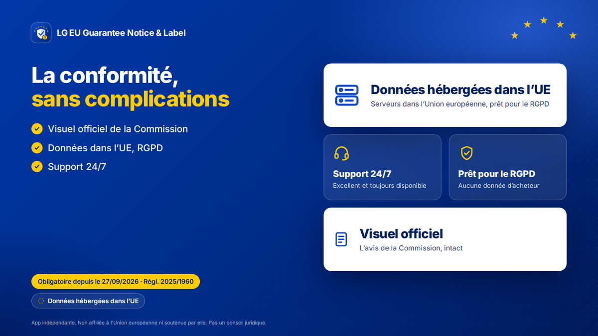 App Shopify garantie légale UE : données hébergées dans l'UE, support 24/7, RGPD