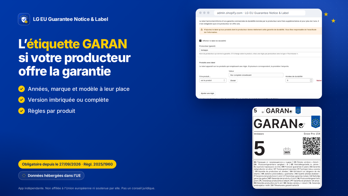 App Shopify garantie légale UE : label GARAN de durabilité : années, marque et modèle