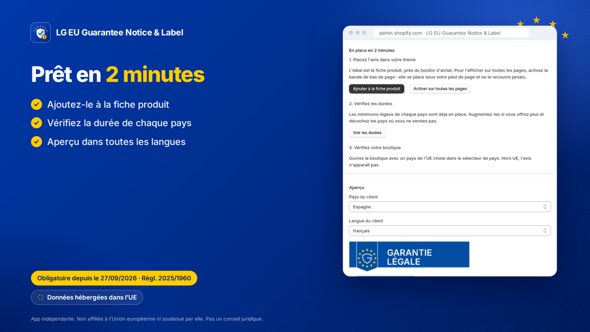 App Shopify garantie légale UE : étapes de mise en place et aperçu de l'avis
