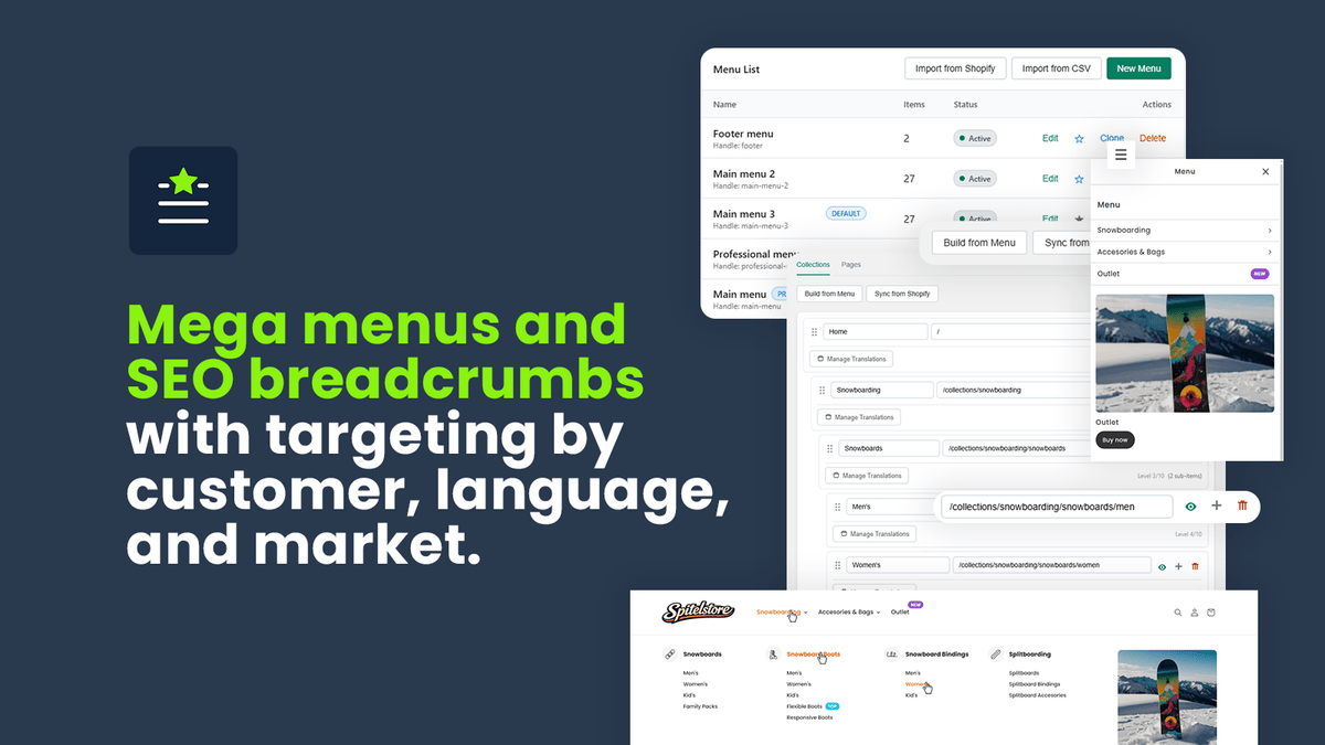 App Shopify de méga menu et fil d’Ariane SEO avec ciblage par client, langue et marché