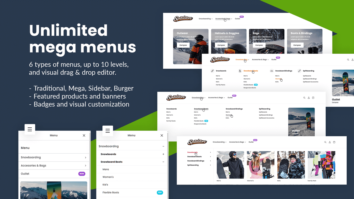 Méga menu pour Shopify : 6 types de menu, jusqu’à 10 niveaux, produits vedettes, bannières et badges