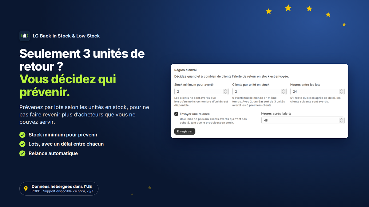 Règles d’envoi des alertes de retour en stock : stock minimum, lots et relance