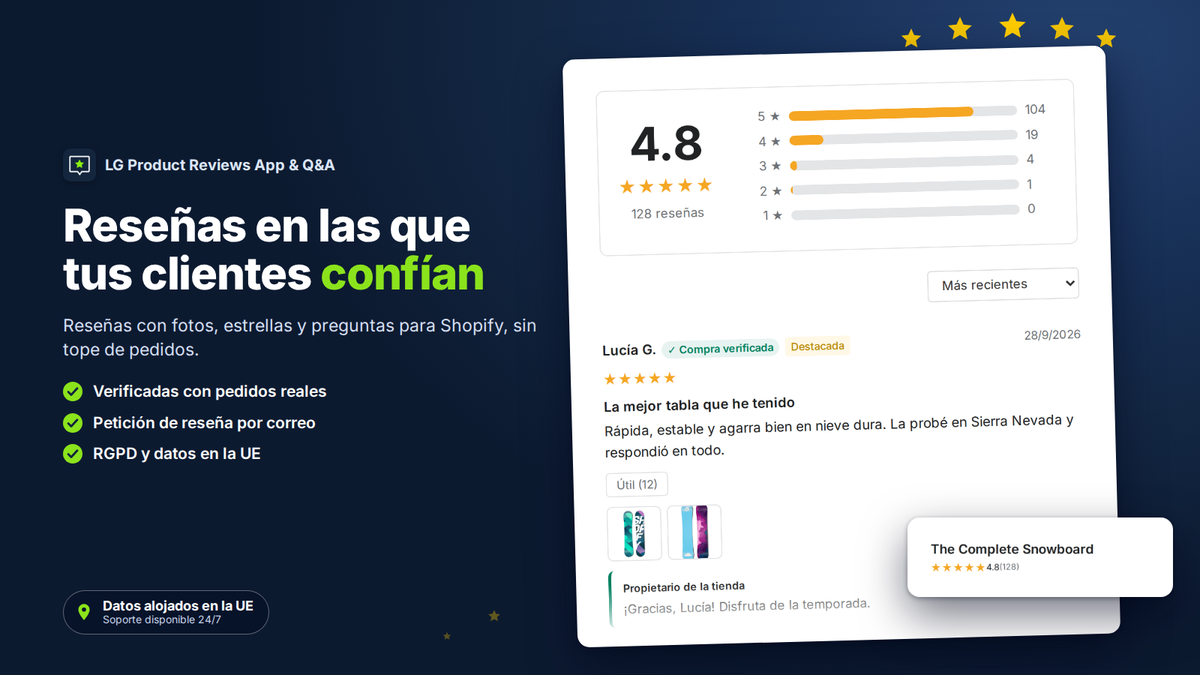 App de reseñas para Shopify: valoraciones de producto con fotos e insignia de compra verificada