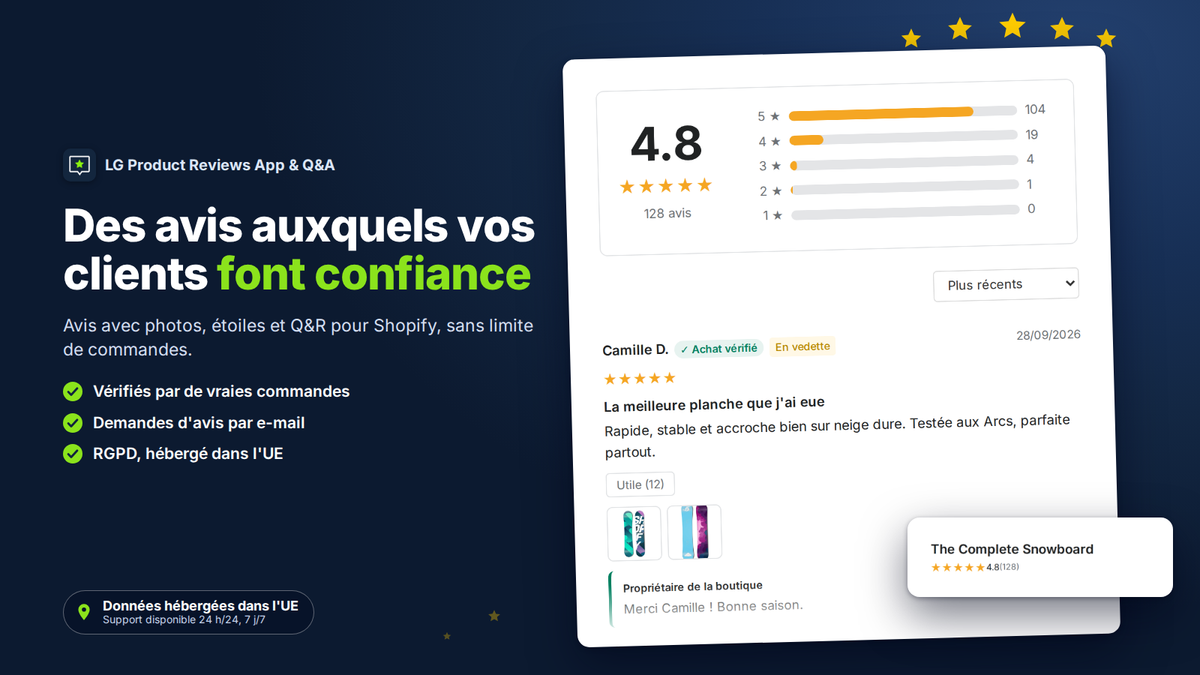 App d'avis produits pour Shopify : notes avec photos et badge d'achat vérifié