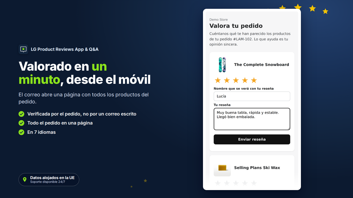Página para valorar todos los productos de un pedido de Shopify desde el móvil