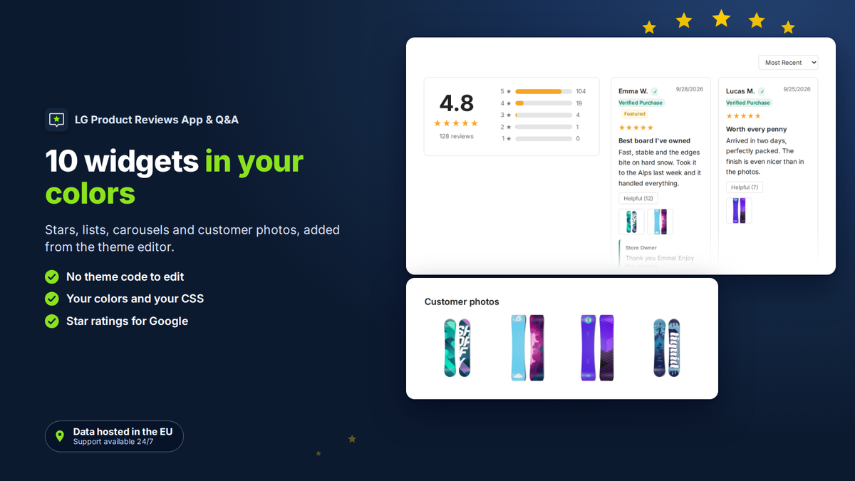 Shopify review widgets: stars, carousel and photo grid in your colors