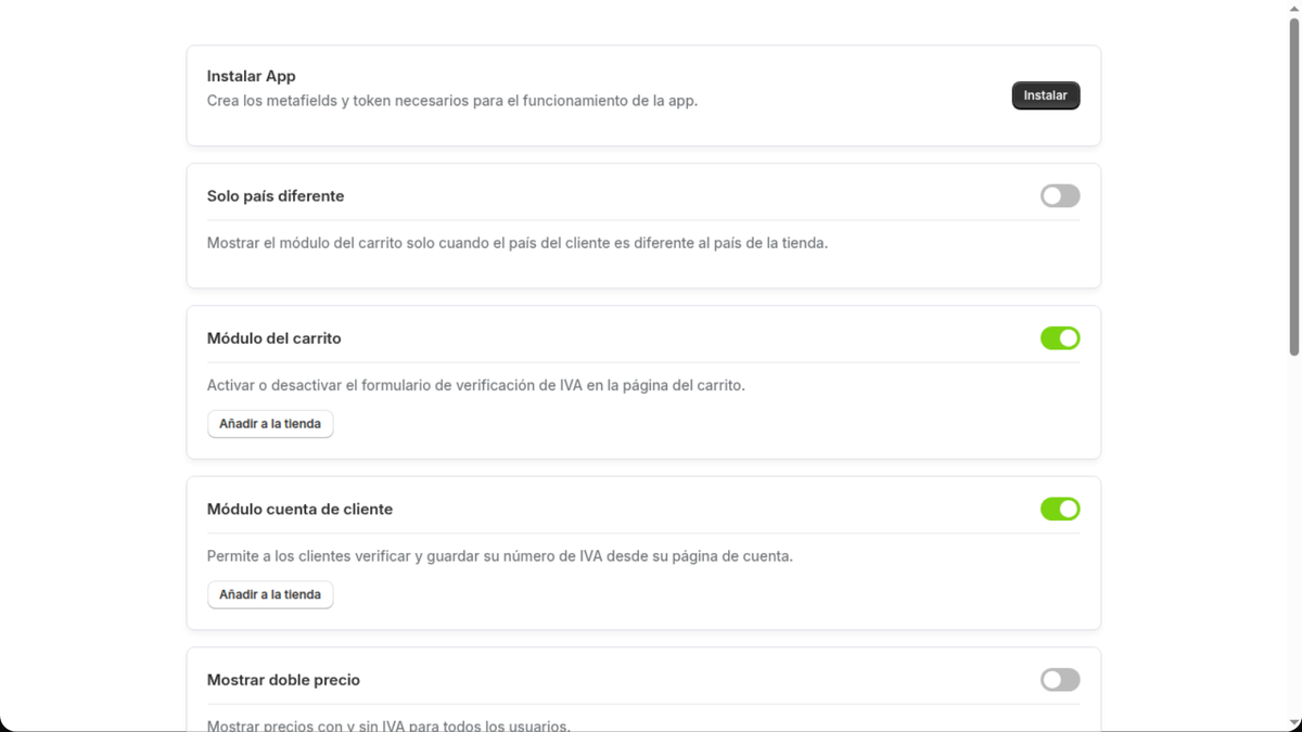 Ajustes de la app VIES para Shopify: bloques de NIF-IVA en el carrito y en la cuenta del cliente