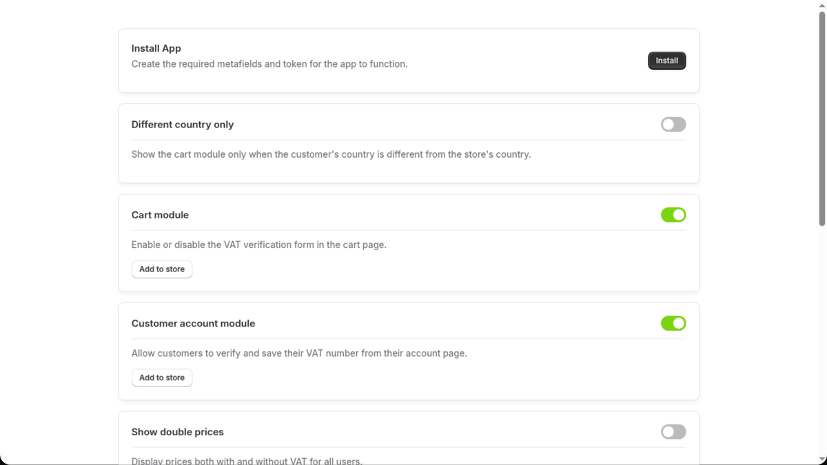 VIES app for Shopify settings: VAT number blocks in the cart and in the customer account
