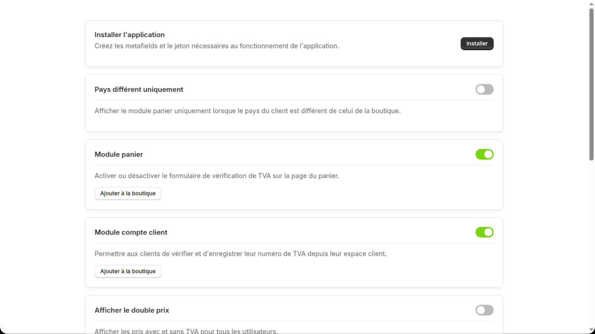 Réglages de l'app VIES pour Shopify : blocs numéro de TVA dans le panier et le compte client