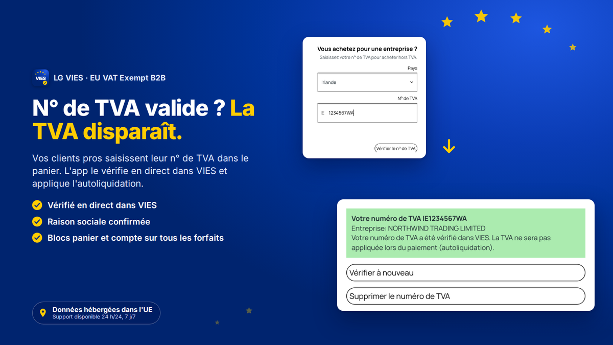 Bloc panier de l'app VIES pour Shopify : le client B2B saisit son n° de TVA, il est vérifié dans VIES et la TVA est retirée