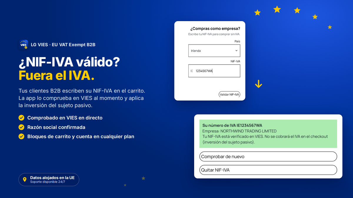 Bloque del carrito de la app VIES para Shopify: el cliente B2B escribe su NIF-IVA, se comprueba en VIES y compra sin IVA