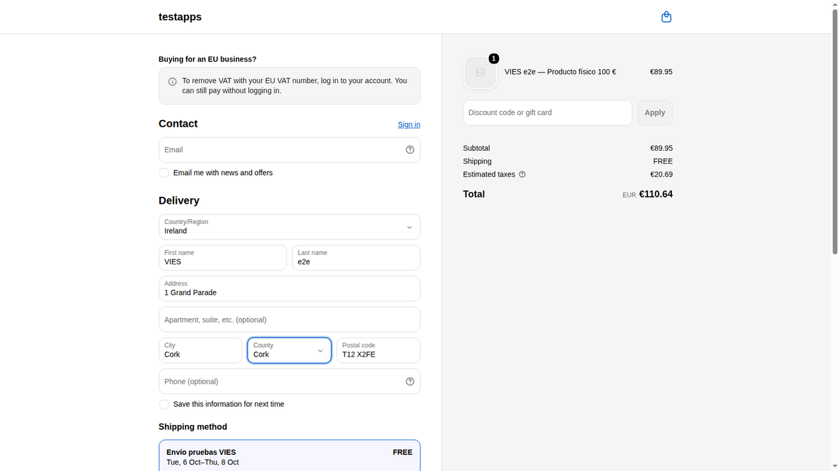 VIES app EU VAT number block in the Shopify Plus checkout for EU business purchases