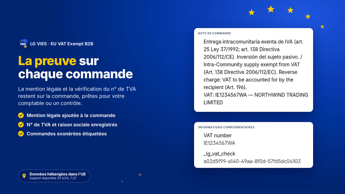 Commande Shopify avec la mention légale d'autoliquidation et la vérification du n° de TVA enregistrées par l'app VIES