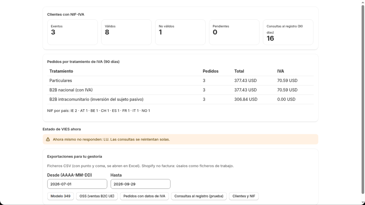 Informes de la app VIES para Shopify: pedidos por tratamiento de IVA, estado de VIES y exportaciones del modelo 349 y OSS