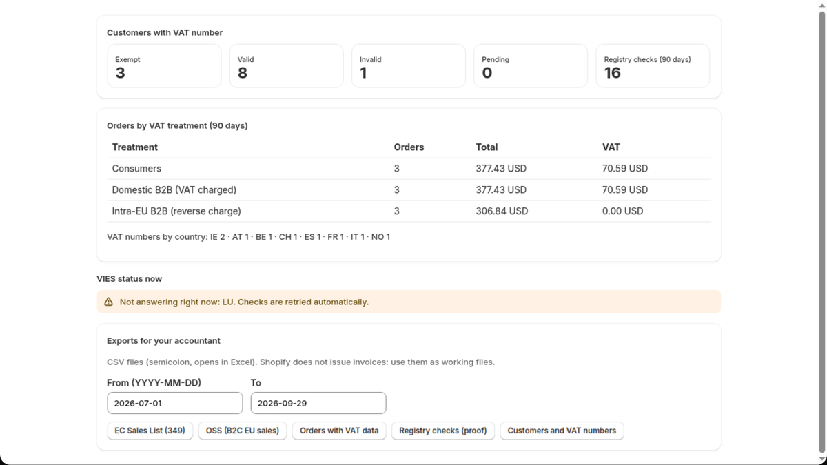 VIES app for Shopify reports: orders by VAT treatment, VIES status and Modelo 349 and OSS exports