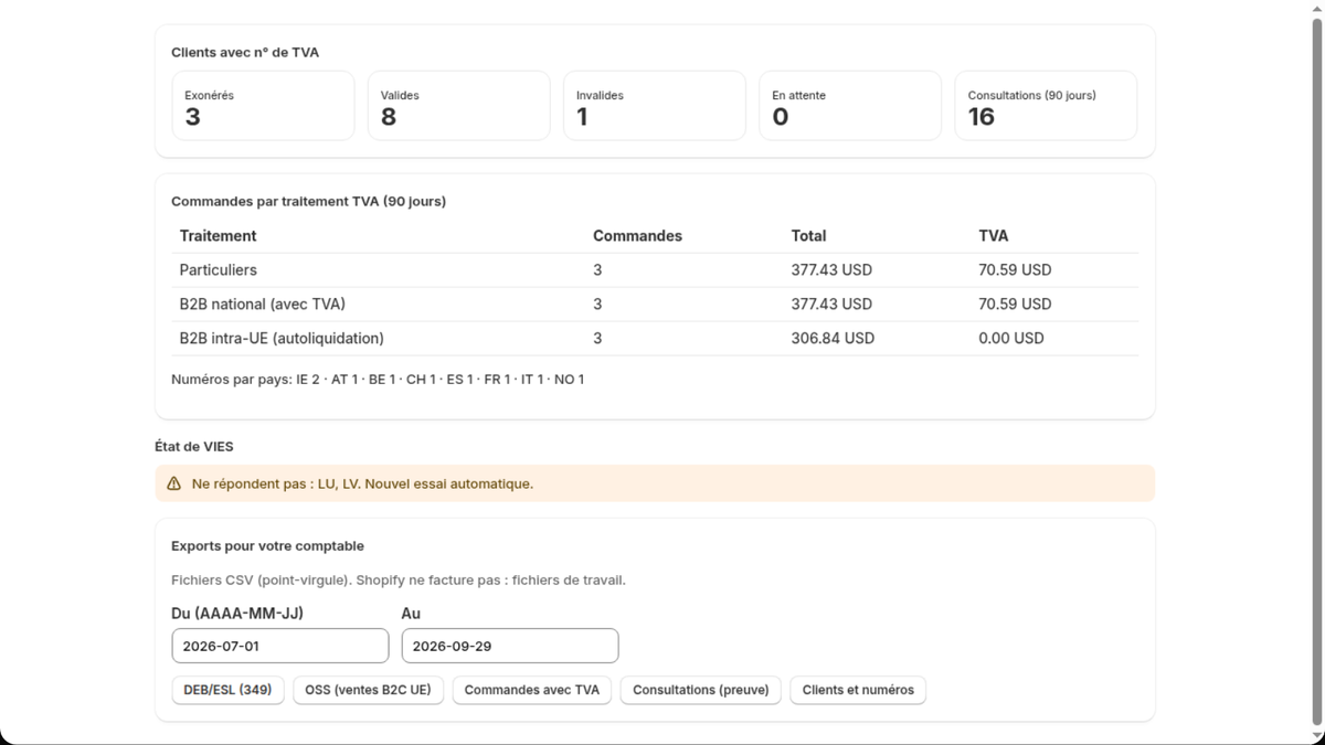 Rapports de l'app VIES pour Shopify : commandes par traitement de TVA, état de VIES et exports 349 et OSS