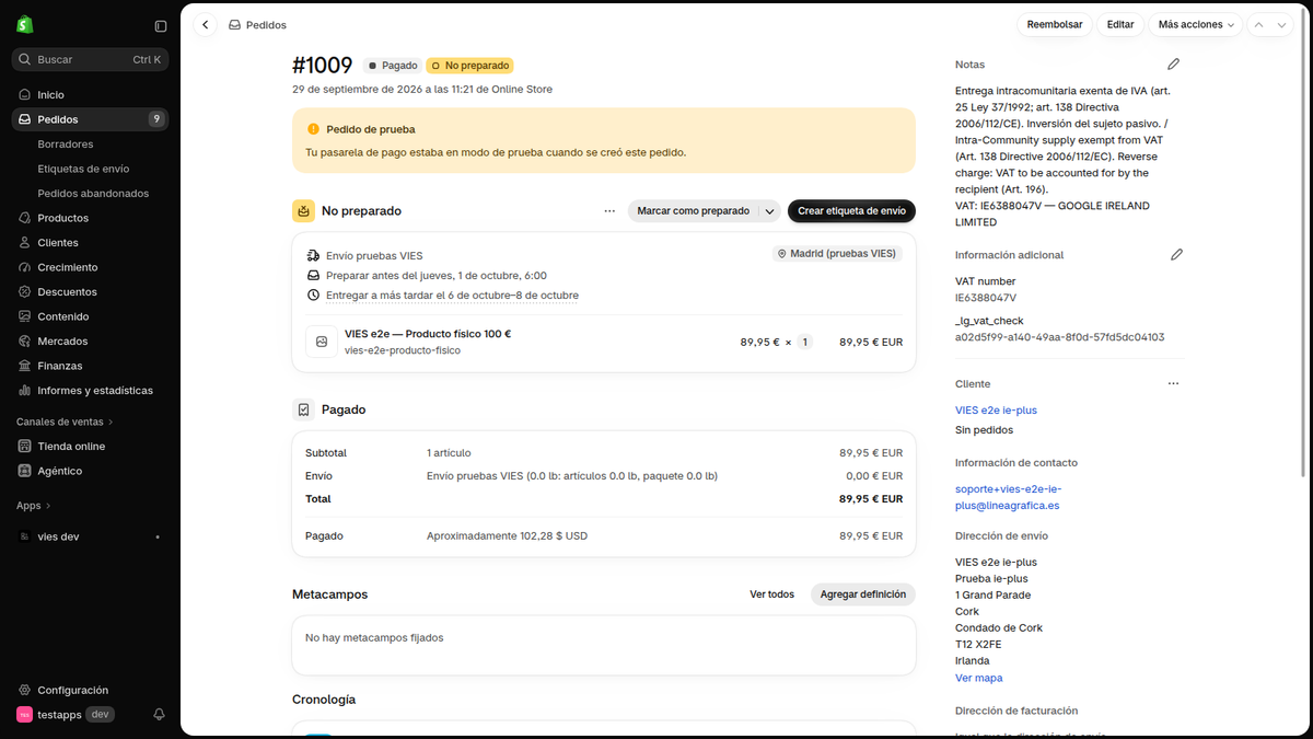 Commande Shopify exonérée de TVA par autoliquidation, avec la mention légale et le numéro de TVA validé par l'app VIES