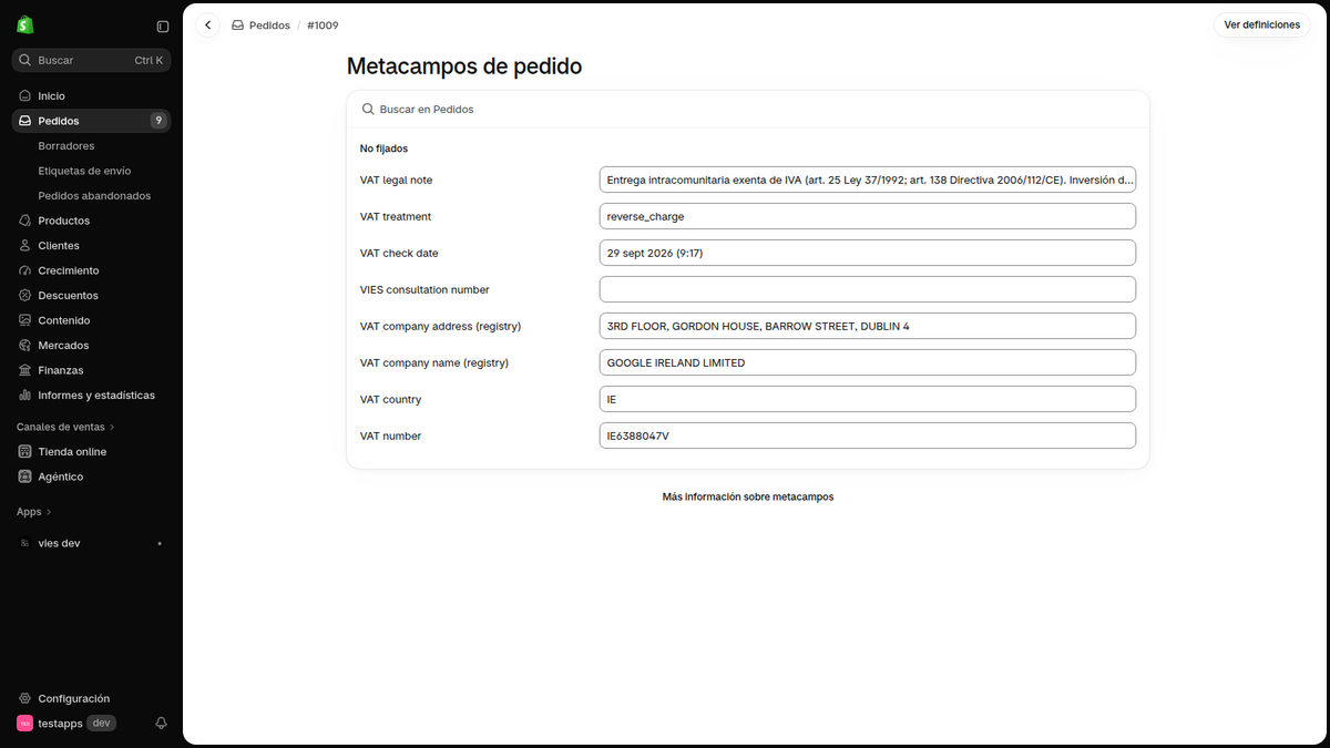 Tax proof of the VIES check saved on the Shopify order: VAT number, company, date and VAT treatment