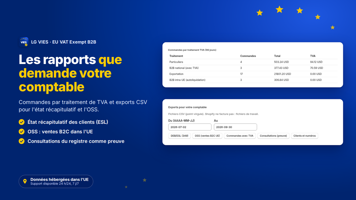 Rapports de l'app VIES pour Shopify : commandes par traitement de TVA, état récapitulatif et export OSS