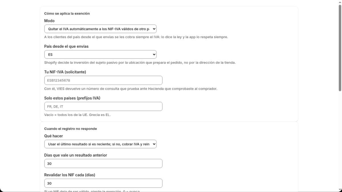 Reglas de exención de IVA en la app VIES para Shopify: país de envío, países permitidos, VIES caído y revalidación
