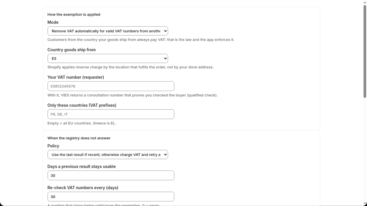 VAT exemption rules in the VIES app for Shopify: ship-from country, allowed countries, VIES downtime and re-validation