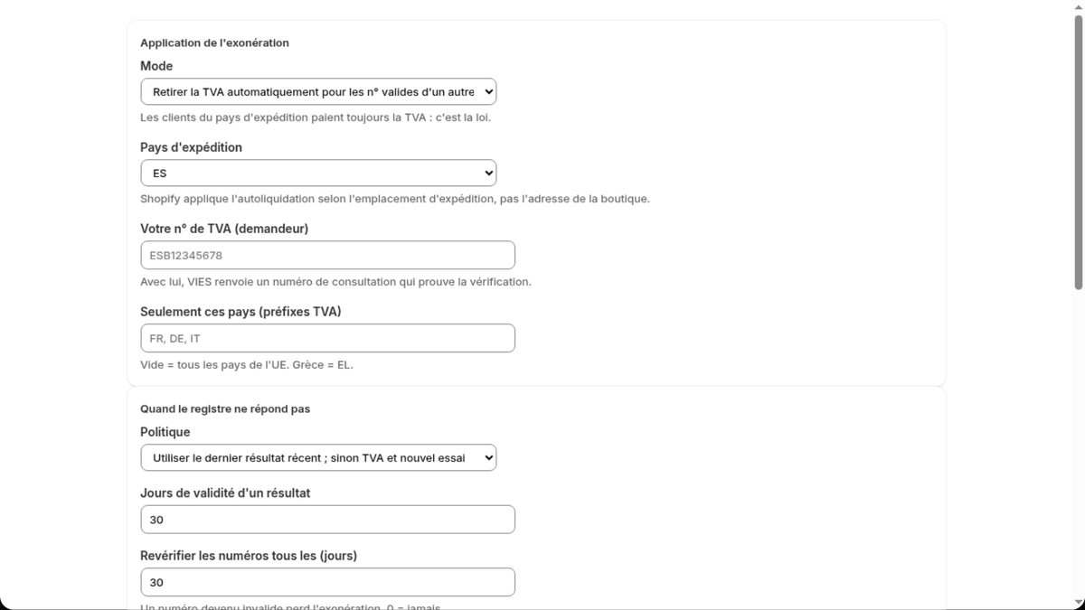 Règles d'exonération de TVA de l'app VIES pour Shopify : pays d'expédition, pays autorisés, VIES indisponible et revalidation