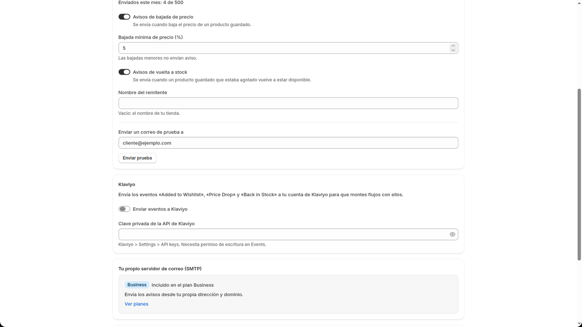 Ajustes de la app LG Wishlist para Shopify: avisos por email, Klaviyo y remitente