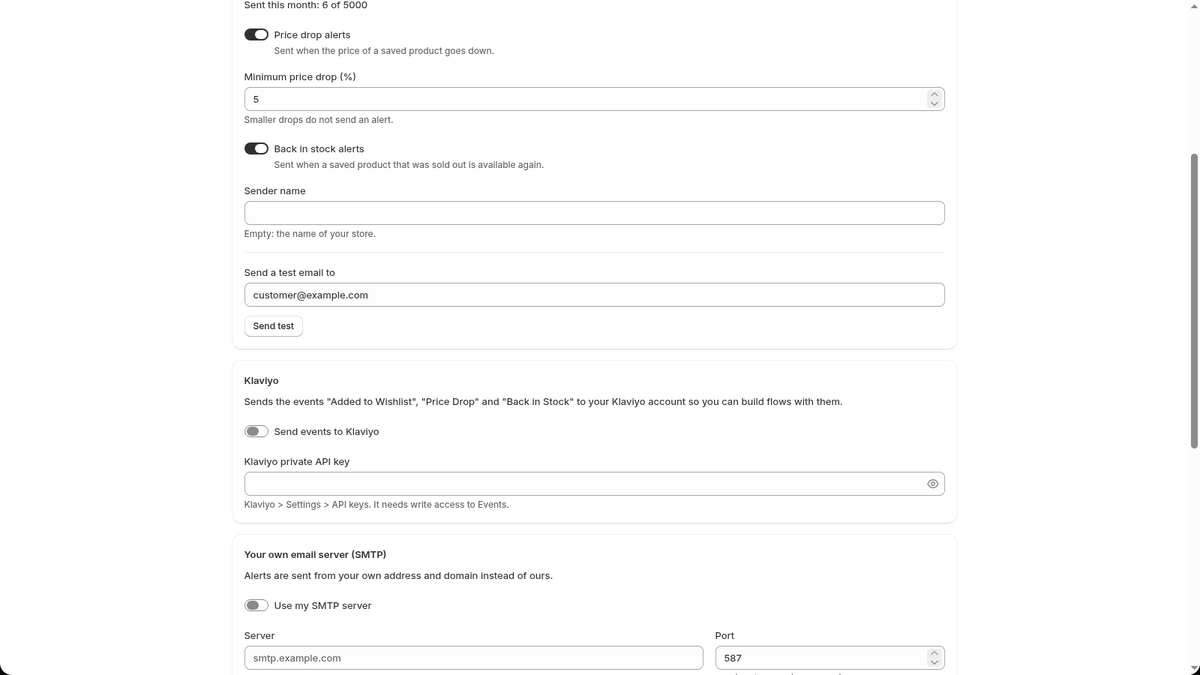 LG Wishlist app settings for Shopify: email alerts, Klaviyo and sender