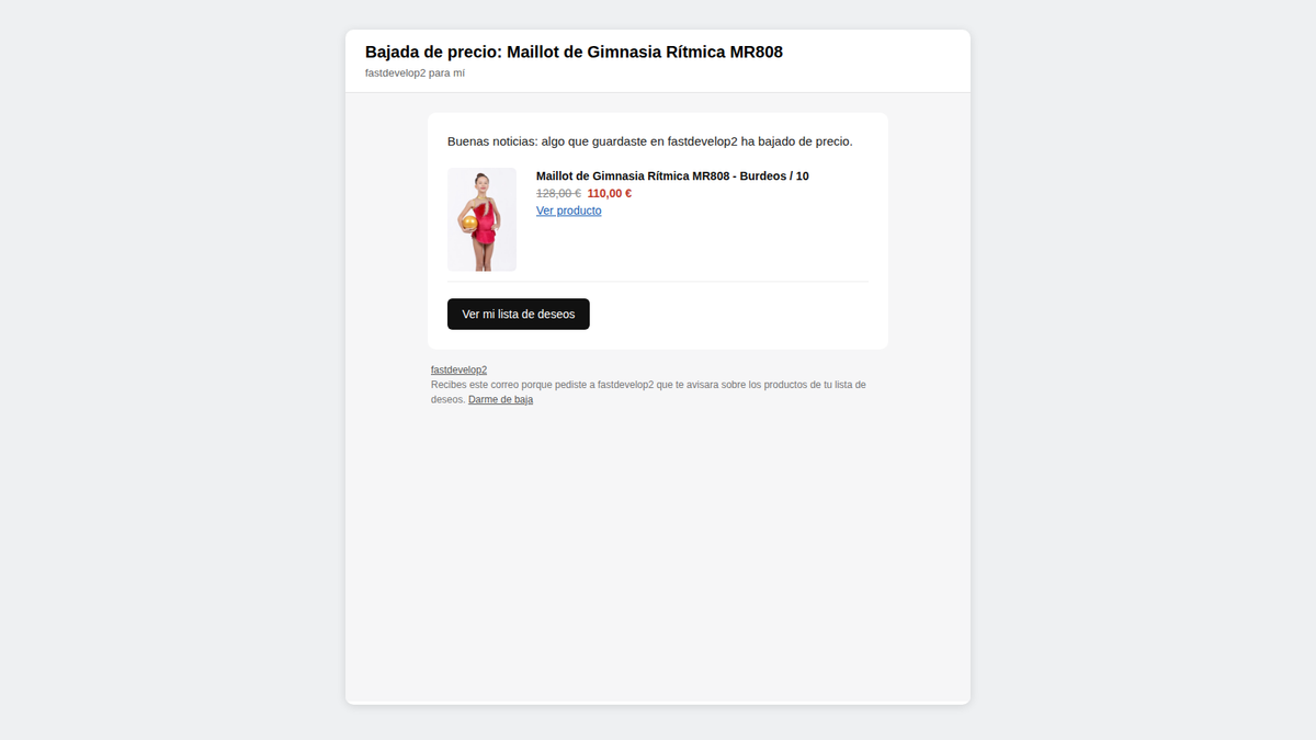 Correo de aviso de bajada de precio de un producto de la lista de deseos en Shopify