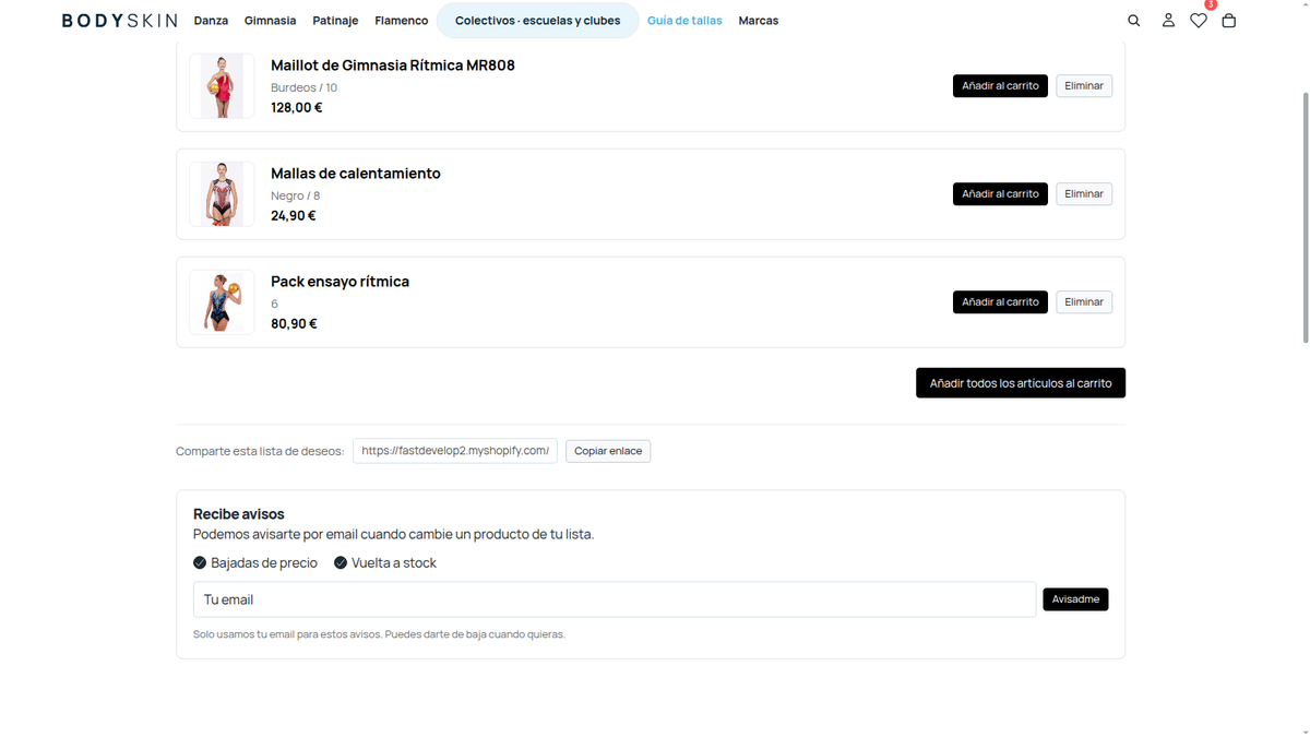 Página de la lista de deseos en Shopify con precios, enlace para compartir y avisos por email de bajada de precio y vuelta a stock