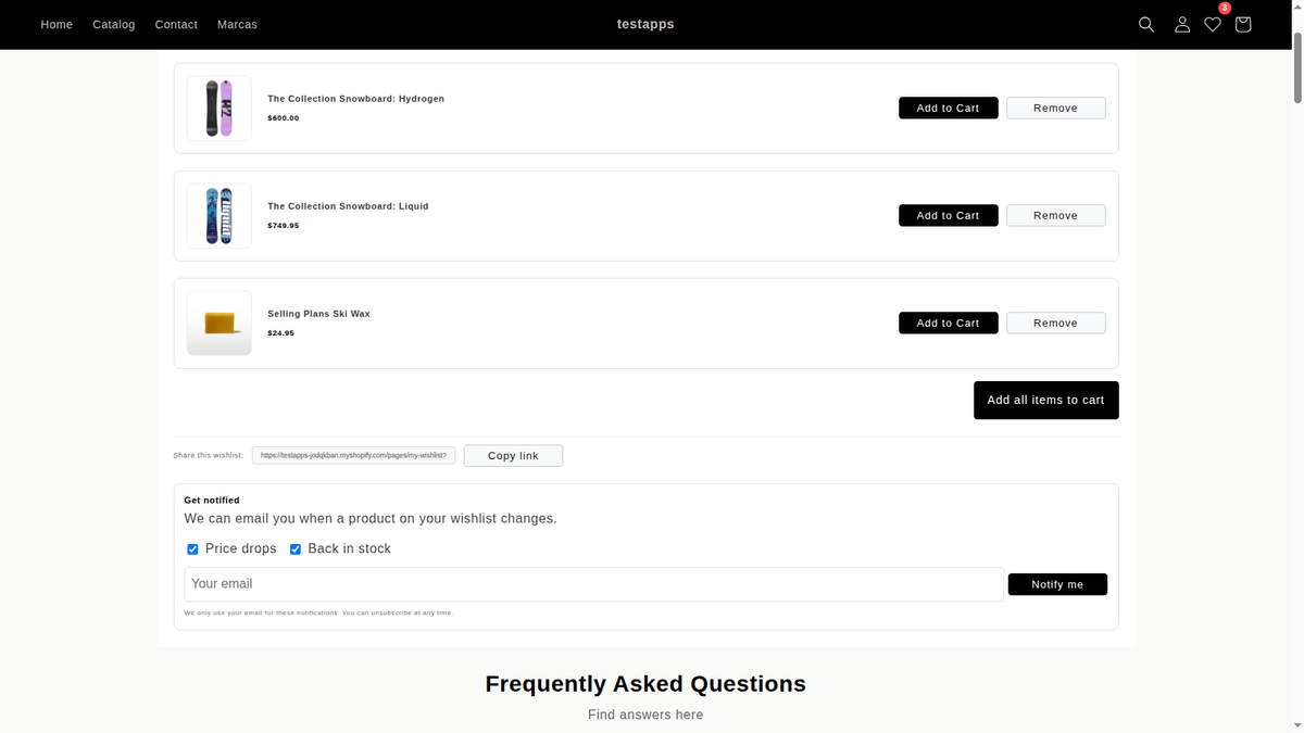 Shopify wishlist page with prices, share link and email alerts for price drops and back in stock