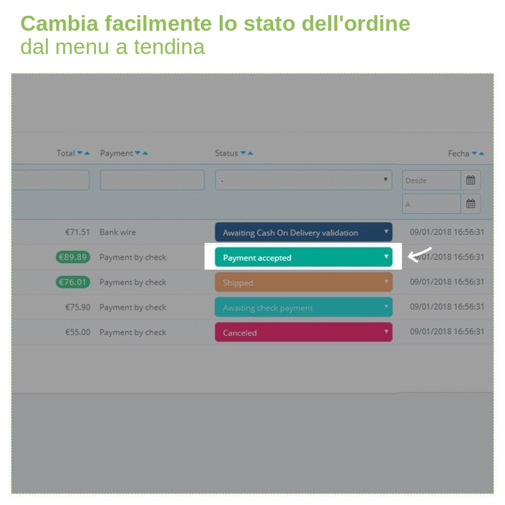 Modulo PrestaShop Modifica stato ordine direttamente dall'elenco ordini – schermata 1