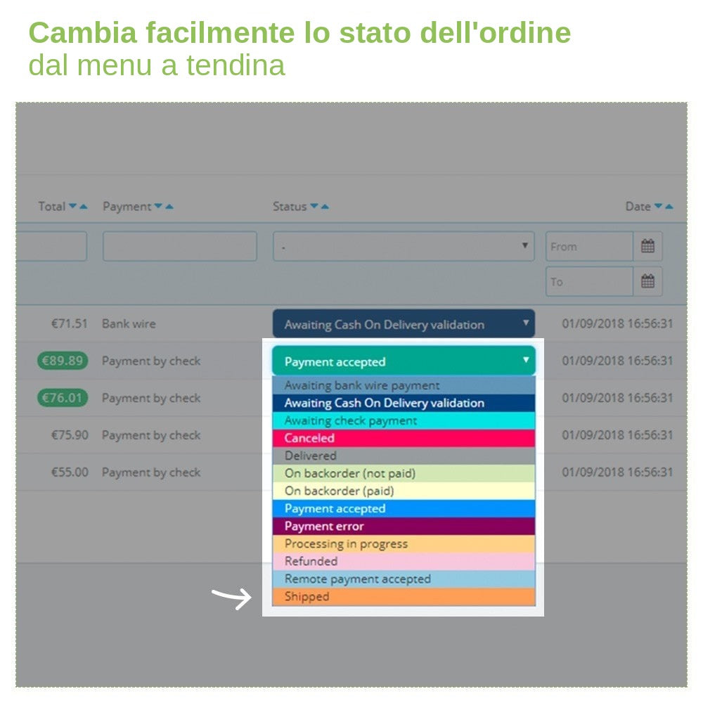 Modulo PrestaShop Modifica stato ordine direttamente dall'elenco ordini – schermata 2