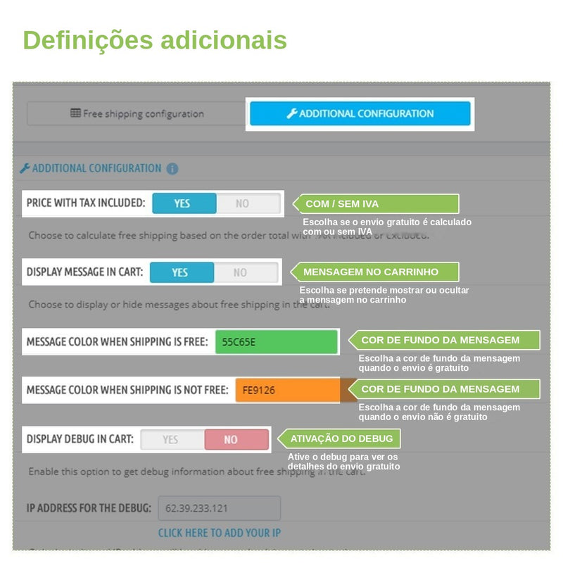 Definições adicionais: impostos, mensagem do carrinho e cores do aviso de portes grátis