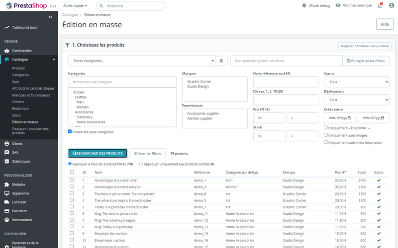 Modification en masse des produits PrestaShop : filtres par catégorie, marque, prix et stock avec la liste des résultats