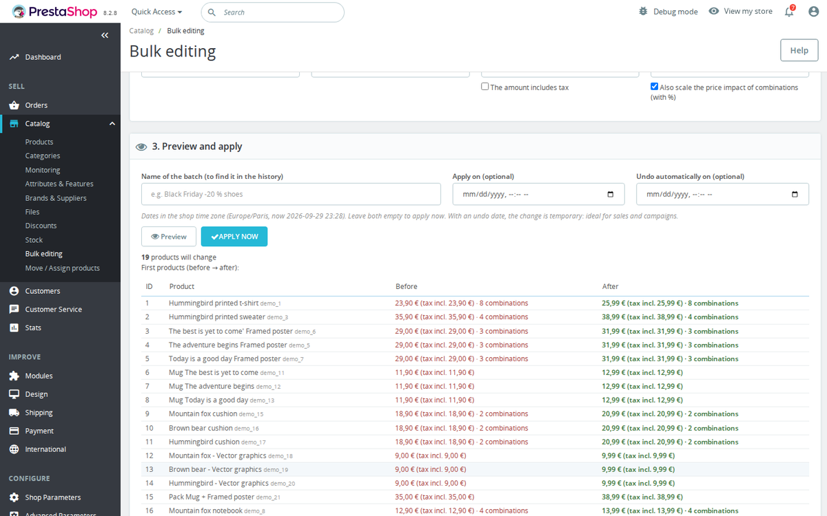 Bulk price change in PrestaShop with a before-and-after preview of every product