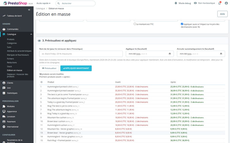 Modification des prix en masse sur PrestaShop avec aperçu avant/après de chaque produit